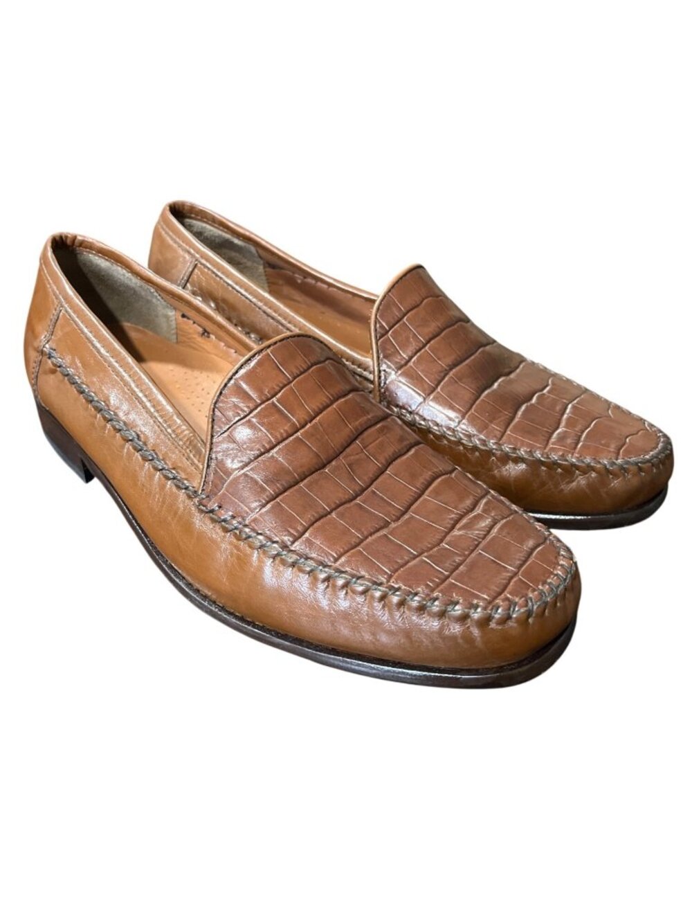 Bostonian Mens Size 10 Wide Embossed Crocodile Vamp Loafers Leather Cognac Brown